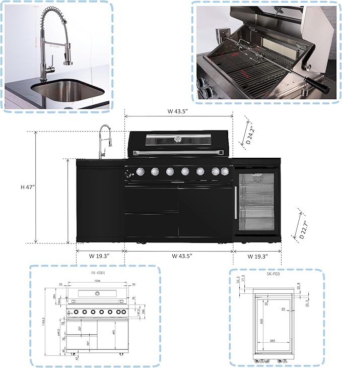 85 Inches Propane Grills 6-Burner 85000 BTU Deluxe 304 Stainless Steel Gas Outdoor Kitchen Bar Barbecue Island Grill, Wine Cooler Compact Refrigerator, Granite Countertops, Stainless Steel Sink, Black