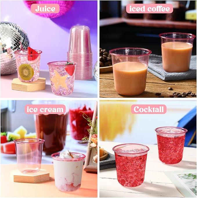 50 Pcs Disposable Stemless Glasses 12oz Crystal Plastic Wine Glasses Clear Classic Pet Cup for Meeting Weddings Birthdays Cocktail Christmas Party Supplies (Pink)