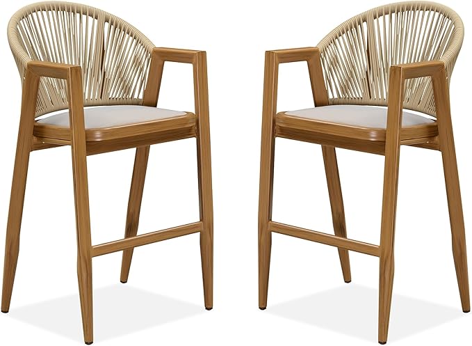 PURPLE LEAF Outdoor Barstools Set of 2 Wicker Bar Stools Woven Bar Height Stool Bar Chairs Aluminum Bar Stools with Back for Patio Island Lawn Kitchen Teak