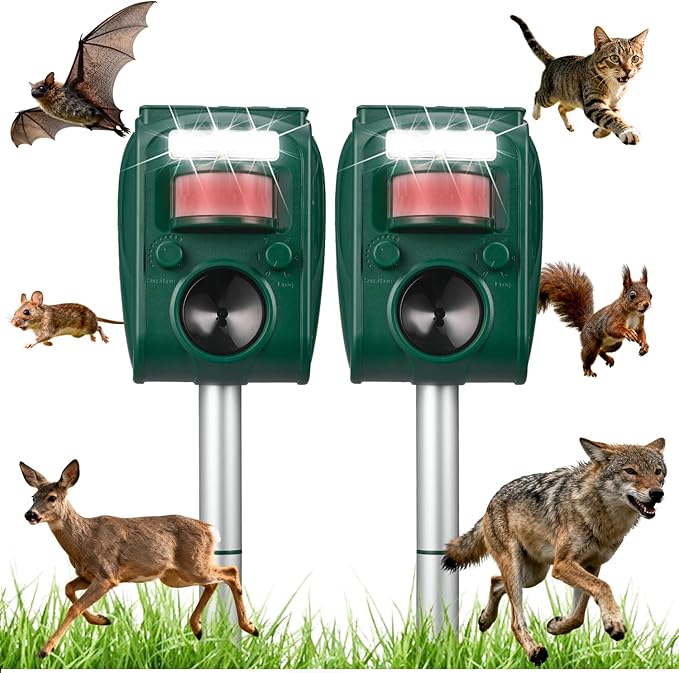 Solar Ultrasonic Animal Repeller, Motion Activated Cat Dog Deer Squirrel Raccoon Bird Skunk Deterrent with PIR Sensor & Flash Light, IP65 Waterproof Outdoor Repellent for Garden Yard, 2 Pack