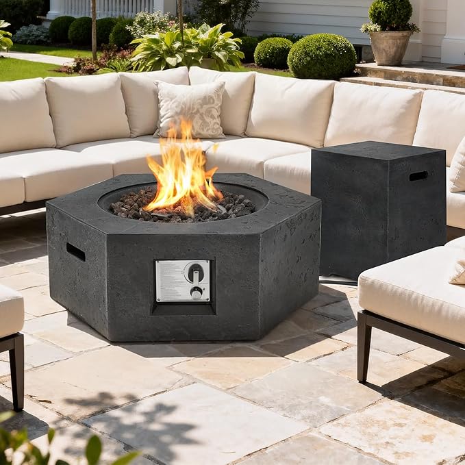 ECOTOUGE 2-Piece Propane Fire Pit, Outdoor Gas Fire Pit Table w/Tank Cover, 30''Auto-Ignition Steel Fire Table, 50,000 BTU Hexagon Concrete Fire Pit w/Weather-Resistant Pit Cover, Lava Rocks, Black