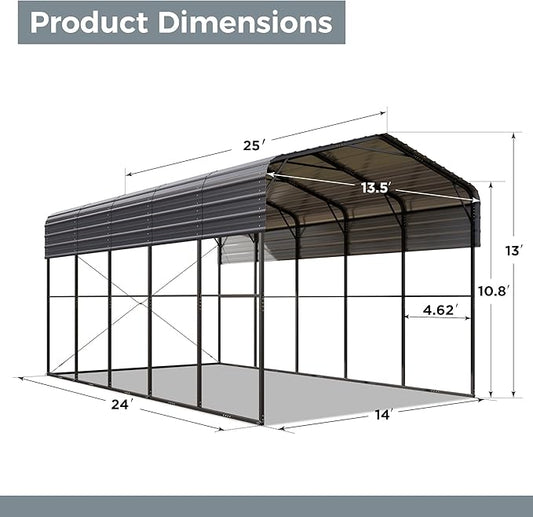 GREEN PARTY 14 x 25 ft Metal RV Carport Kits with Galvanized Steel Roof, Heavy Duty 2 Car Outdoor Car-Shed Canopy, Car Tent Metal Garage Shelter for RV, SUV, Truck, Tractors and Boats, Gray