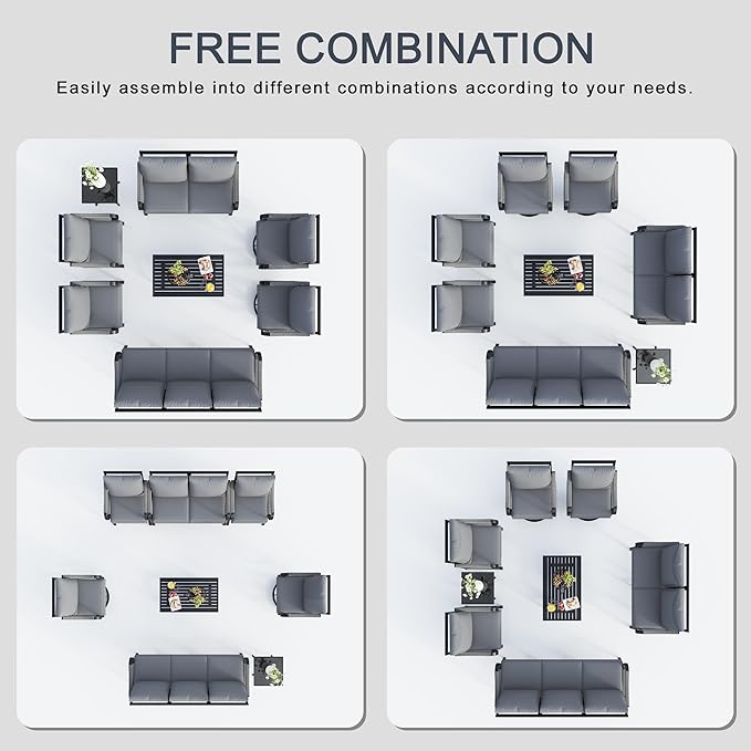 8 Pieces Patio Conversation Sets, All Weather Metal Outdoor Furniture Set Includes 3-Seater 2 Swivel Rockers with Side Table and Loveseat with Coffee Table 2 Single Chairs for Backyard Poolside, Gray