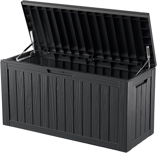 82 Gallon Waterproof Large Resin Deck Box Indoor/Outdoor Lockable Storage Container and Seating for Garden, Pool, and Patio (82 Gallon, Black)