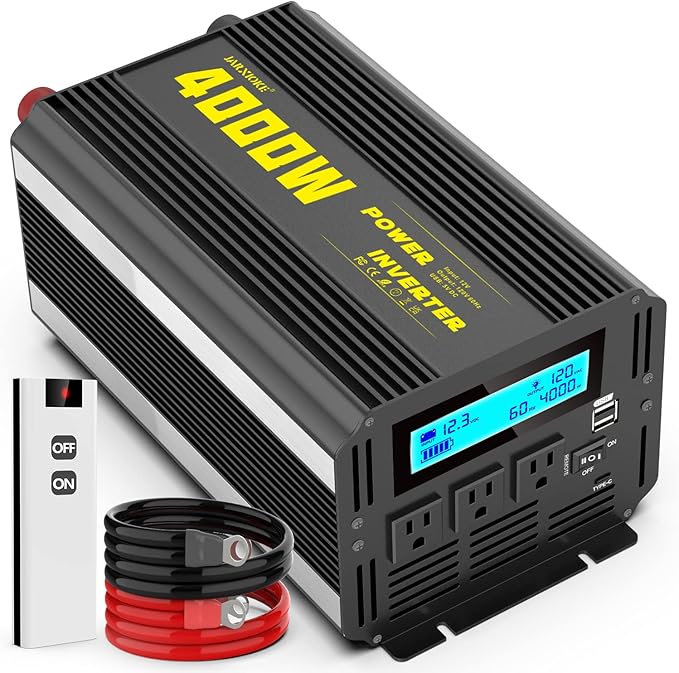 4000 Watt Modified Sine Wave Power Inverter, 12V DC to AC 110V/120V (Peak) 5000W Converter 3 Outlet Car Inverter with Remote Control and LED Display 3.4V USB Port