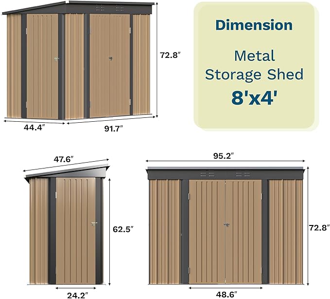Patiowell 8x4 FT, Outdoor Storage Shed, Heavy Duty Tool Storage Sheds with 3 Lockable Doors and Updated Frame Structure for Backyard Patio Lawn, Brown