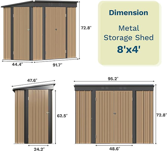 Patiowell 8x4 FT, Outdoor Storage Shed, Heavy Duty Tool Storage Sheds with 3 Lockable Doors and Updated Frame Structure for Backyard Patio Lawn, Brown