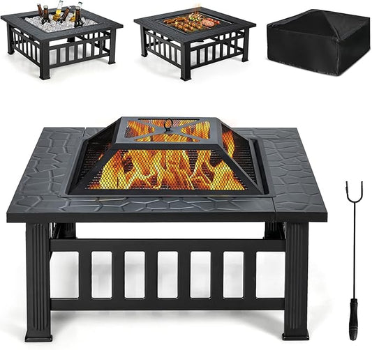 Giantex 32" Outdoor Fire Pit, 3 in 1 Square Wood Burning Fire Table, Multifunctional Firepit for Outside Patio Backyard Porch Garden, Bonfire Stove Fireplace with Rain Cover for Picnic, Camping