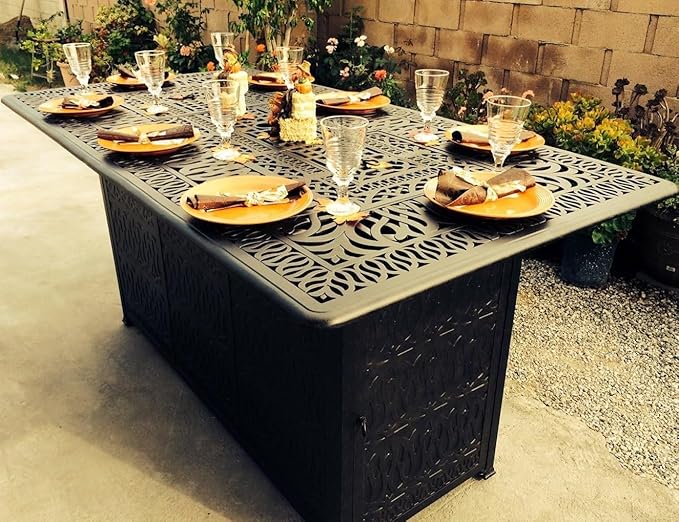 Elisabeth Cast Aluminum Outdoor Fire Pit Bar Table, 84L x 44W x 40H inches, Double Burner, 30000 BTU