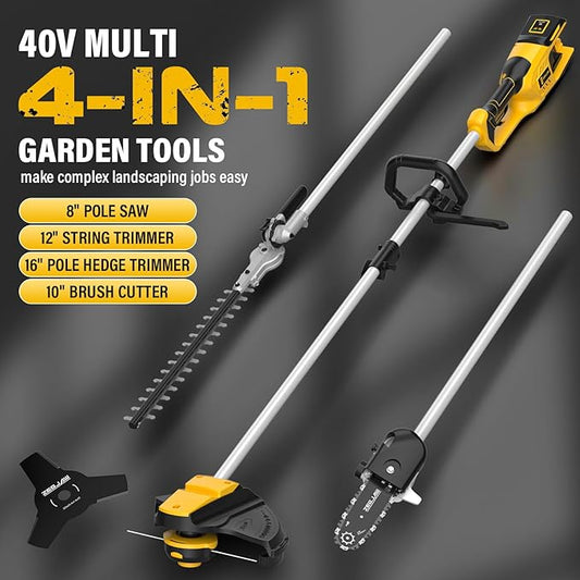 ZEGJAW 40V Weed Wacker Cordless, 8-Inch Pole Saw, Hedge Trimmer and Brush Cutter, 4-in-1 Multi Garden Tools with 2X20V 4.0Ah Batteries and Charger
