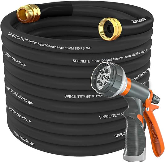 SPECILITE Garden Water Hose 100 ft x 5/8 in Heavy Duty, Flexible and Lightweight, Burst 600 psi, Kink-less Hybrid Rubber Pipe for Backyard, 3/4'' Brass Fittings, Black