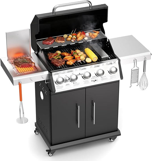 SKOK 5+1 Burners Infrared Grill, Gas Grill with Cast Iron Grates, Outdoor Barbecue Grill 72,000 BTU Output