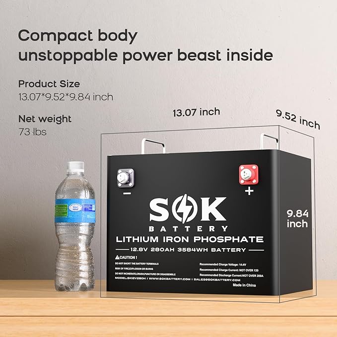 SOK Battery 280Ah 12V 2-Pack LiFePO4 Lithium Iron Phosphate Deep Cycle Battery, perfect for your RV or any off-grid application, low temperature disconnect, built-in heater.