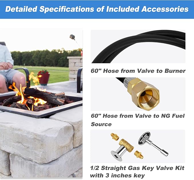 Skyflame Natural Gas Connection Hose, Complete NG Fire Pit Installation Kit from Burner to Natural Gas, Includes 1/2" Control Valve Key Set, 2 PCS 60" Connect Hoses