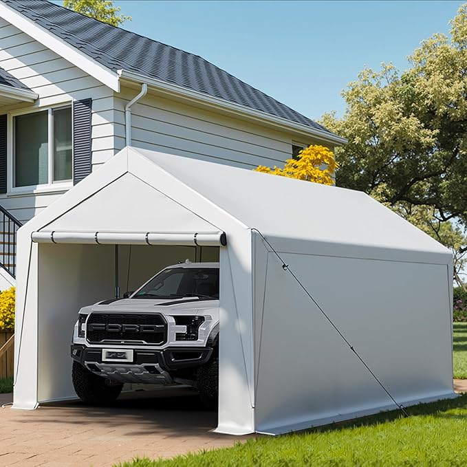 Carport Canopy 10x20 Heavy Duty, Portable Carport Garage with Removable Sidewalls and Door, Car Port with Waterproof Canopy for All Season (White)