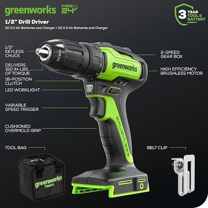 Greenworks 48V (24V x 2) 17" Brushless Mower+12" String Trimmer+320CFM Blower+310 in./lbs Drill Driver, (2) 4.0Ah Batteries and (2) 2.0Ah Batteries, 2A Dual Port Charger
