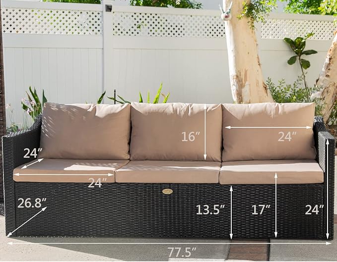 Barton 3 Person Madison Sofa Set Sectional w/Cushions Outdoor Patio Wicker Rattan Furniture Space Saving