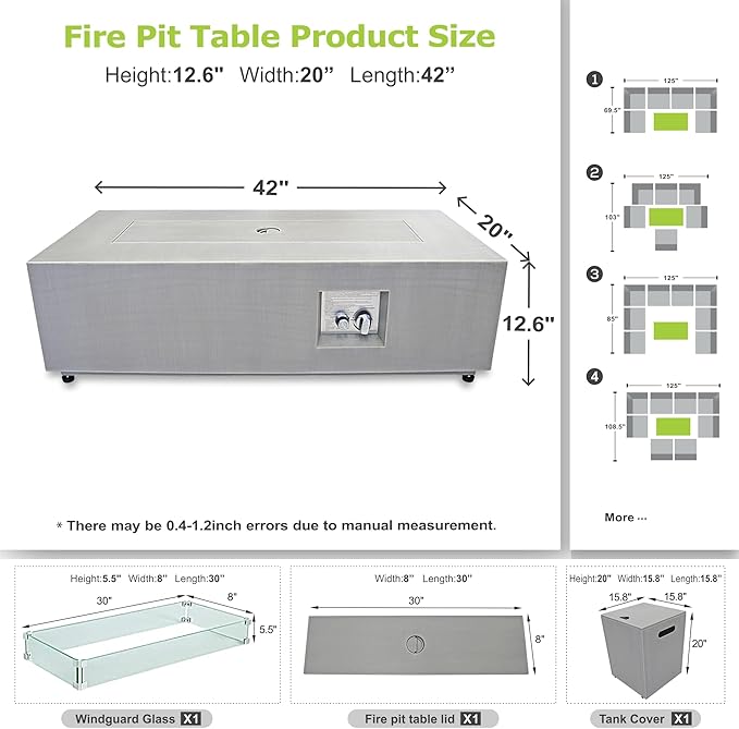 42 inch Propane Fire Pit Table, 2 in 1 Outdoor Fire Pit with 20lb Tank Cover, Outside Patio Deck Garden, LED Gas Fireplace Table with Lid and Stone, 50,000 BTU Adjustable Flame, Light Grey