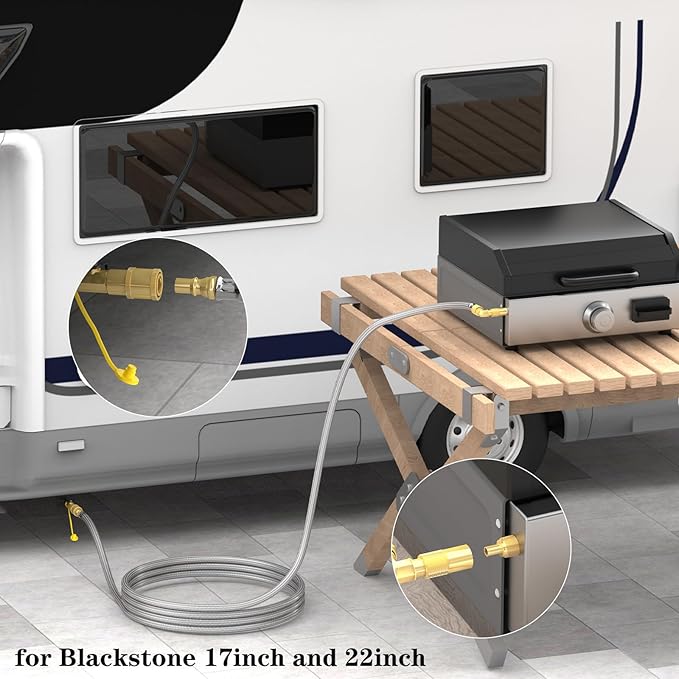 12FT Propane Quick Connect Hose for RV to Gas Grill, RV Quick Connect Propane Hose with 1/4" Safety Shutoff Valve, Female Quick Disconnect with Elbow Adapter for Blackstone 17"/22" Griddle