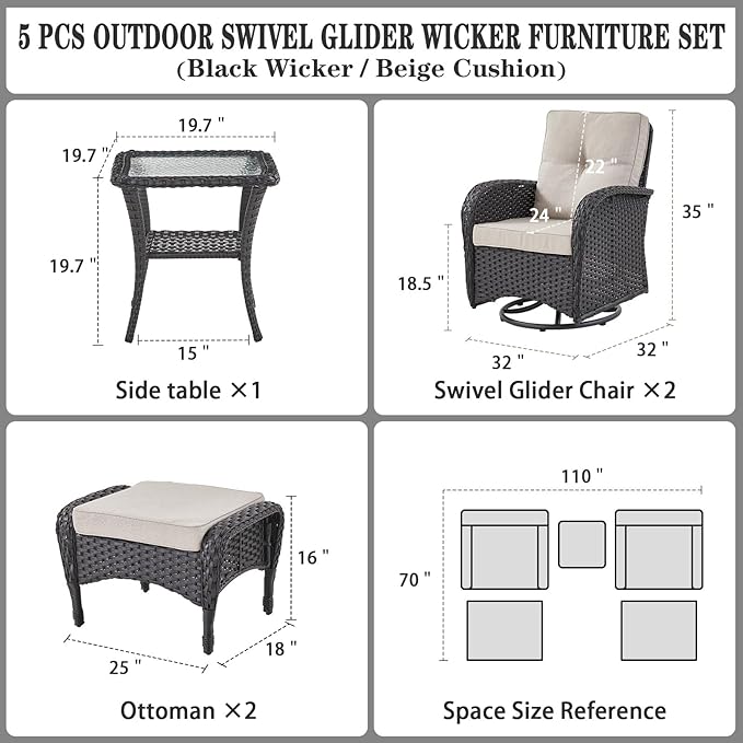 5 Piece Swivel Rocker Glider Outdoor Chairs Set of 2 with Ottoman and Glass Side Table Patio Bistro Furniture Set, Comfort High Back Wicker Patio Conversation Set for Deck Porch Sunroom