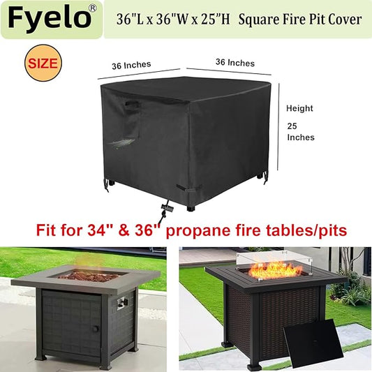 Square 36 Inch Gas Fire Pit Cover 36"L x 36"W x 24"H Waterproof Heavy duty Outdoor Cover for Patio Firepit Table, Black