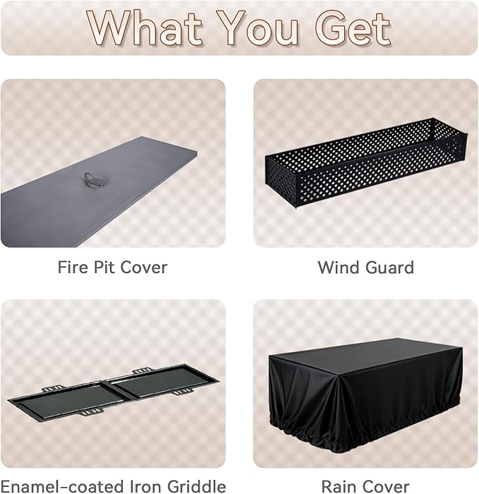 3-in-1 Propane Fire Pit Table, 42 Inch Rectangular Outdoor Fire Pit, 50,000BTU Firepit Table for Outside Patio with Griddle, Wind Guard, Lid, CSA Certified, Grey