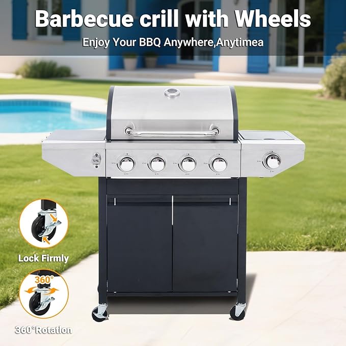 Endark BBQ Grill with 5-Burner Propane Gas Grill, Barbecue Grill 46500 BTU Stainless Steel with Side Burner, Porcelain Grates & Dual Shelves, Wheeled Portable for Backyard, Patio, Garden Cooking