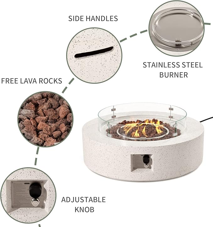 COSIEST 2-Piece Outdoor Propane Firepit Table Set w Tank Table, 42 inch Dark Fire Table Certified, 50,000 BTU w Beige Round Base,Wind Guard and 16 inches Tank Side Table 20lb for Garden,Pool