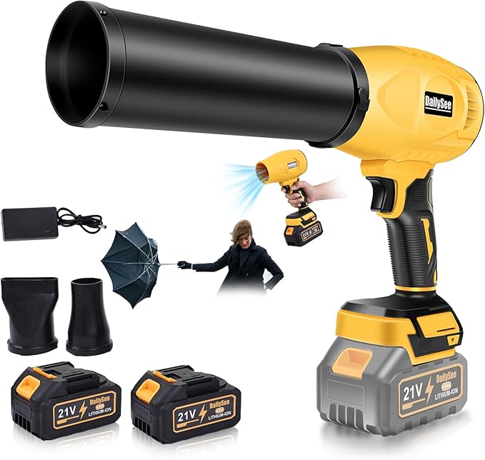 Leaf Blower Cordless, Powerful Handheld Electric Blower with 2×21V Batteries, Lightweight Leaf Blower for Lawn Care, Patio, Leaves, Snow & Dust Removal (Yellow Leaf Blower)