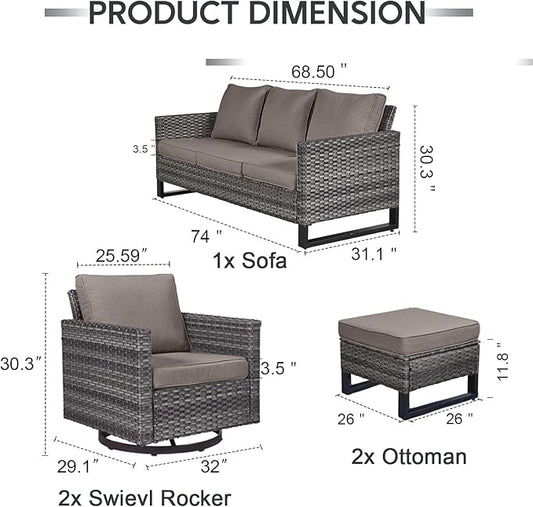 5 Piece Wicker Patio Furniture Set - Outdoor Swivel Rocker Chairs Set with 3 Seat Sofa and Ottomans, Small Patio Conversation Sets Proch Furniture for Balcony Deck - Grey/Grey