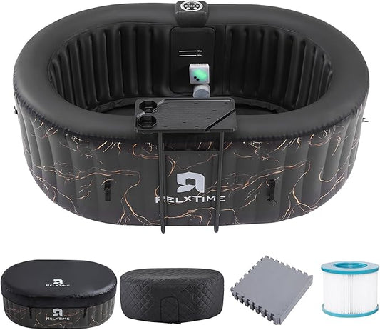 Portable 2 Person Hot Tub Inflatable, Outdoor Blow Up Hottub with Led Light, Energy Efficient Cover, 100 Air Jets Built in Heater Pump, Oval Spa for Relaxation, Table Tray, 2 Filters, Black