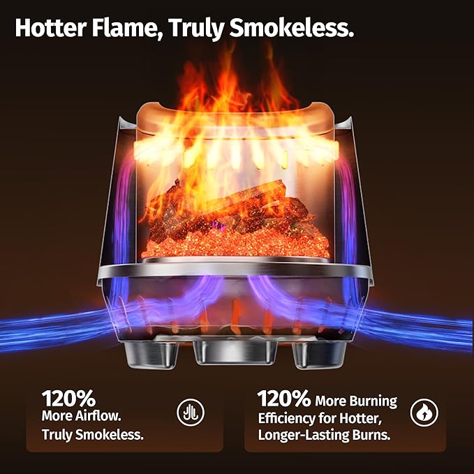 EAST OAK Fuoco Smokeless Tabletop Fire Pit | 3-in-1 Ash Pan | Portable Wood & Pellet Firepit | Stainless Steel | 120% More Efficient Burn | Backyard, Patio & Camping | Easy Ignition & Compact Design