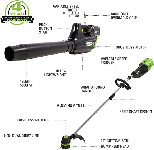 Greenworks 80V Brushless Cordless Yard Tool Combo Kit with 2.0Ah Battery & Rapid Charger – 16" Dual-Line String Trimmer and 500 CFM / 125 MPH Leaf Blower, Variable Speed, 4-Year Warranty