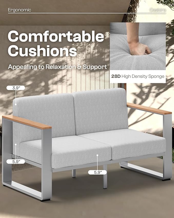 Aluminum Outdoor Patio Furniture, 1 Piece Loveseat, All-Weather Outside Sofa for Deck, Porch (Teak-Gray)