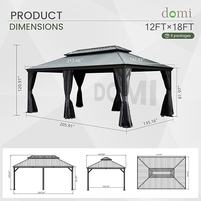 Domi 12' X 18' Hardtop Gazebo, Upgraded Metal Gazebo with Dual-Layer Resin Roof, Drainage System, Curtain and Netting, Outdoor Shelter Canopy for Patio, Garden, and Backyard, Grey