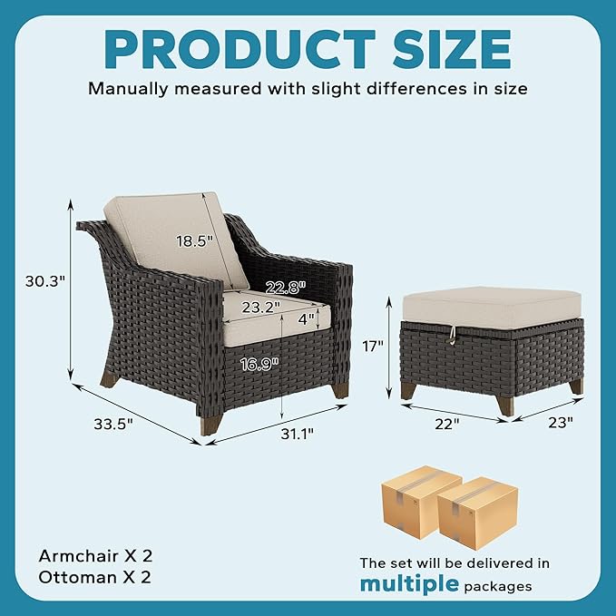 4 Pieces Patio Conversation Furniture Set - 2 Chairs with Ottomans Set of 2, Outdoor Wicker Armchairs with Water-Resistant and Washable Cushions for Porch, Balcony, Sunroom (Beige)