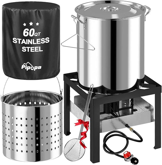 60QT Stainless Steel Crawfish Boiler | Seafood Boiling Kit | Cover & Skimmer Included | 110,000BTU Propane Jet Burner | 0-20 PSI CSA Certified Regulator | Crab Boil Pot for Outdoor Backyard Cooking