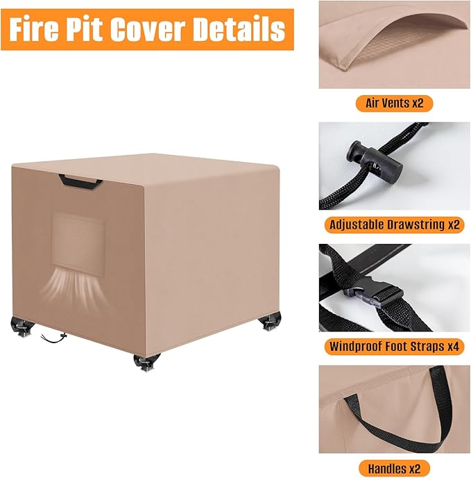 Kovshuiwe Porch Shield Fire Pit Cover Square-600D Fabric Waterproof and Resistant, Fits Outdoor For 44-48 Inch Fire Pit /Table Cover, Gas Fire Pit Cover-48"L x 28"W x 24"H, Khaki