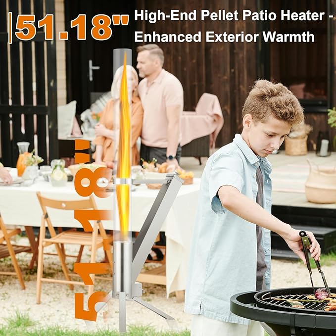 Outdor Wood Pellet Patio Heater with Ash Tray, Pellet Fire Tube, Ideal for Camping, Campfire Party, Outdoor Dining, Patio, Backyard, Beach, Bring Happiness to Your Life (Silver)