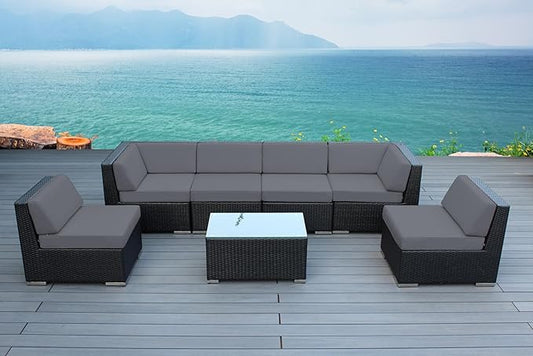 7-Piece Outdoor Patio Wicker Furniture Set, No-Assembly Sectional Sofa with Weather-Resistant Cushions, All-Weather Conversation Set (Supercrylic Gray)