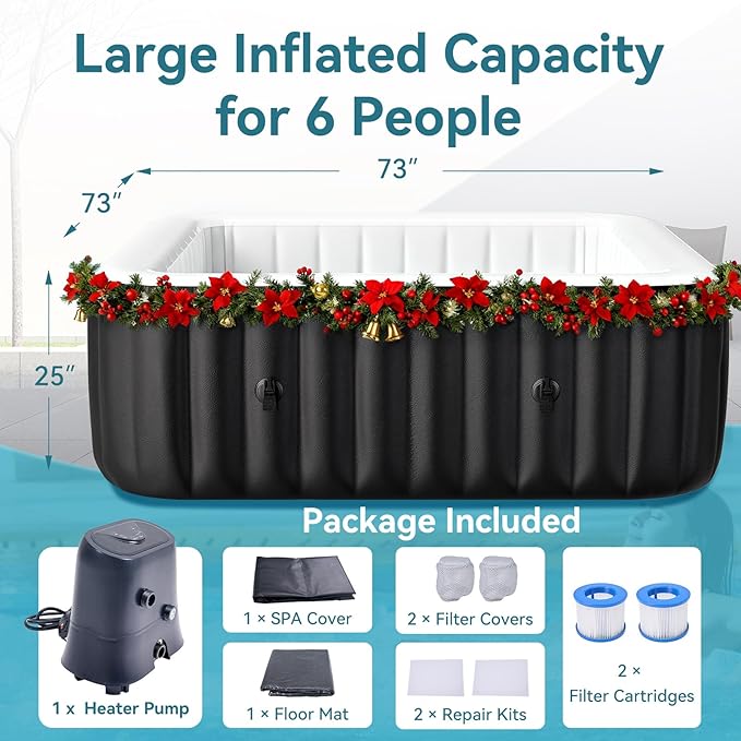 Inflatable Hot Tub, 240 Gal Large Square Portable Blow Up Hot Tub, 4-6 Person Leak-Proof PVC Outdoor Spa with 120 Air Jets, Heater Pump and Insulated Cover, 73x25 Inch