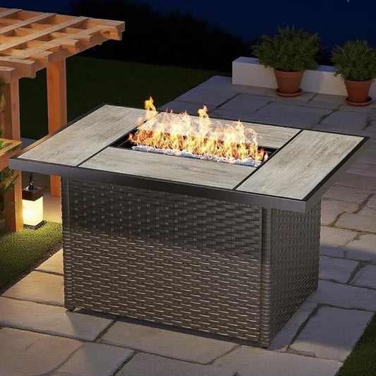 MOCHITO Outdoor 43" Gas Fire Pit Table 50,000 BTU Rectangle Propane Fire Pits with Steel Lid and Lava Rock Wicker Base for Backyard, Garden, Dining, Party for Outside Patio (Brown)(Tank not Included)