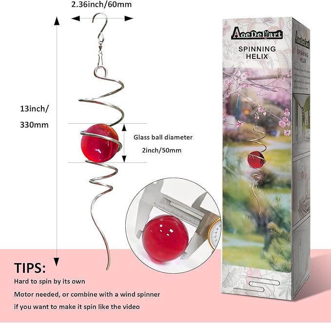 Aoedelyart Gazing Ball Spiral Decorative Wind Spinner Sun Catcher 11inch Tail and 2 inch Glass Orb. Indoor Outdoor Garden Decoration Wind Sculptures Wind Spinner Tail-13 inch Height (red)