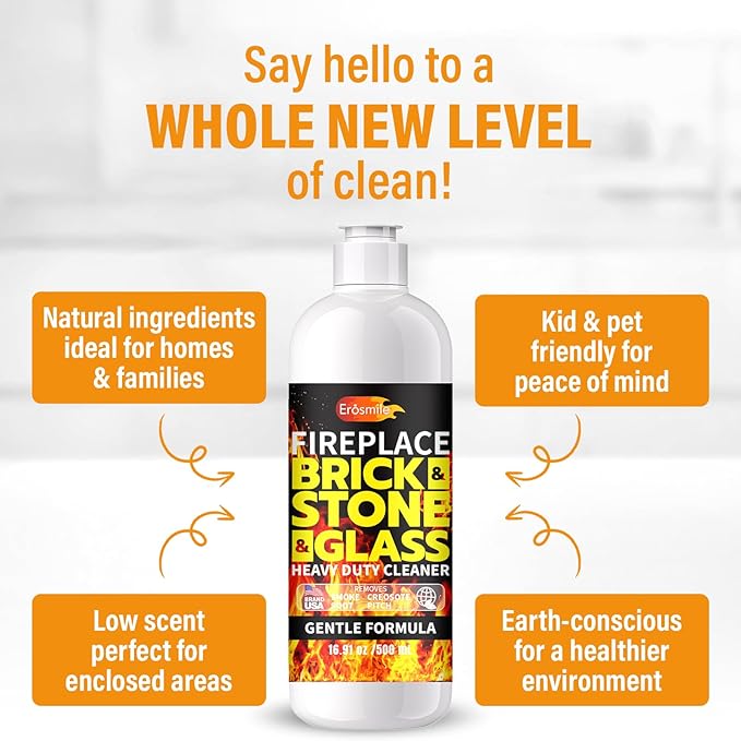 Fireplace Cleaning Set Fireplace Soot Remover with Scrub Brush for Brick, Stone, Rock, Tile, and Marble – Nonabrasive Brick Cleaner, Gentle Formula for Bricks & Glass Indoor and Outdoor -16 oz