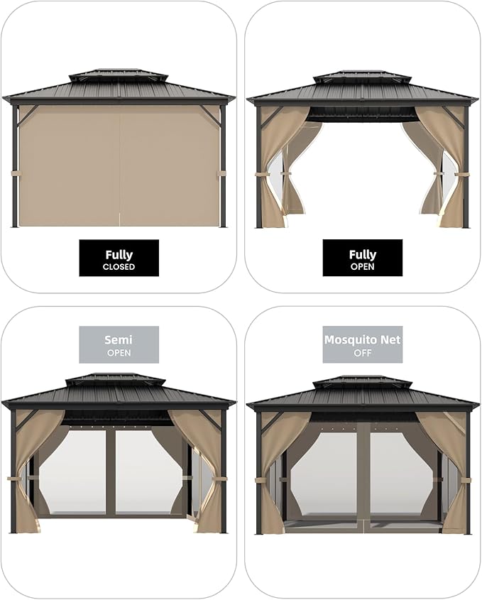 GarveeLife 10 ft x12 ft Hardtop Gazebo for All Weather, with Double Metal Roof, Aluminum Alloy Frame, Net, and Curtain, Permanent Building for Patio, Deck, Backyard, Lawn, and Garden