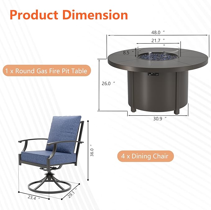 5 Pieces Patio Furniture Set with Round Fire Pit Table, Outdoor Conversation Sets 4 Swivel Chairs with Upgrade Cushions for Patio, Backyard Dark Blue