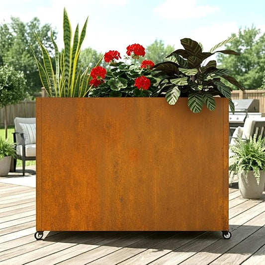 36" L x 9.3" W x 28.4" H Corten Steel Planter Box with Wheels & Removable Shelf – Rolling Raised Garden Bed with Rust Patina, Smart Drainage System, Outdoor Planter for Patio & Modern Décor