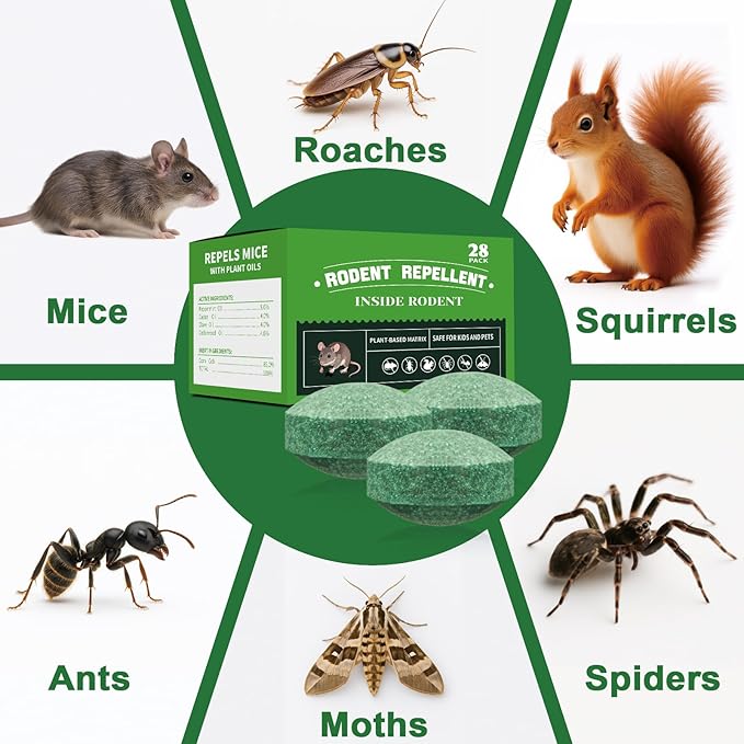 28-Pack Mouse Rodent Repellent for Indoor and Outdoor, Natural Deterrent for Kitchen, Warehouse, Garden Camper, Yard, Car, Garage and RV, Safe for Pets and Family