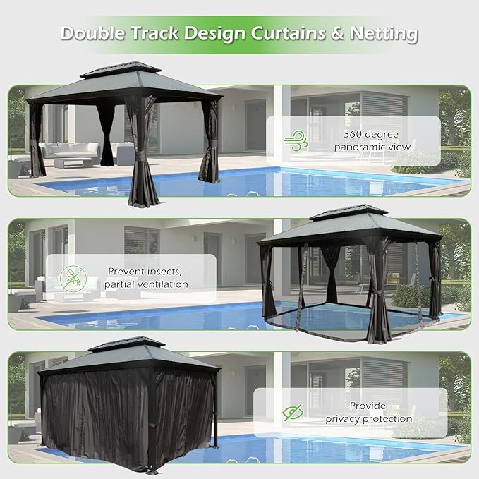 Domi 12’x14’ Hardtop Gazebo with Resin Roof, Outdoor Metal Gazebo with Drainage Gutters, Permanent Heavy Duty Pavilion for Patio, Backyard and Deck, Curtains and Mosquito Netting Included