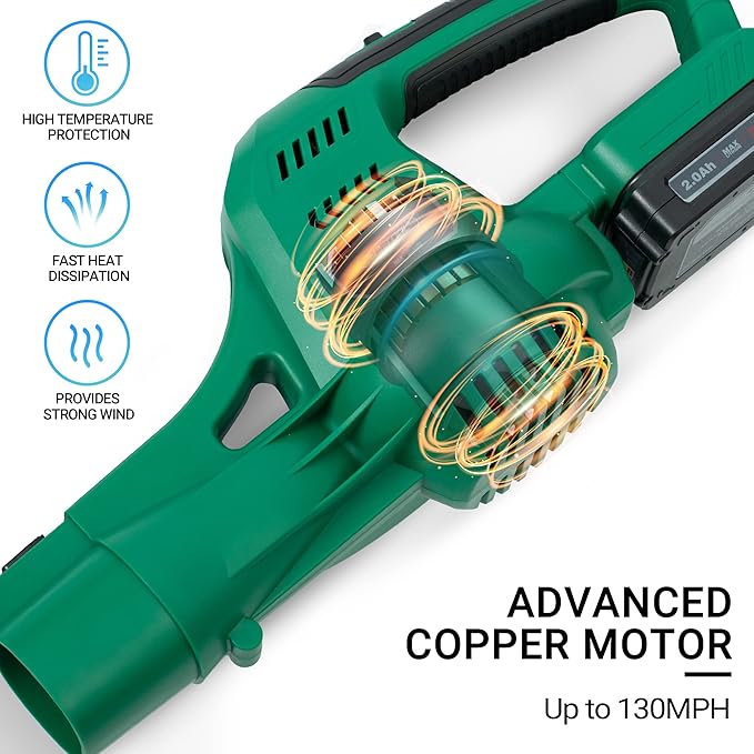 WISETOOL 20V Cordless Leaf Blower with Battery and Charger, Leaf Blower Battery Operated, Variable Speed with 2 Tubes for Patio, Leaves Blowing-Green